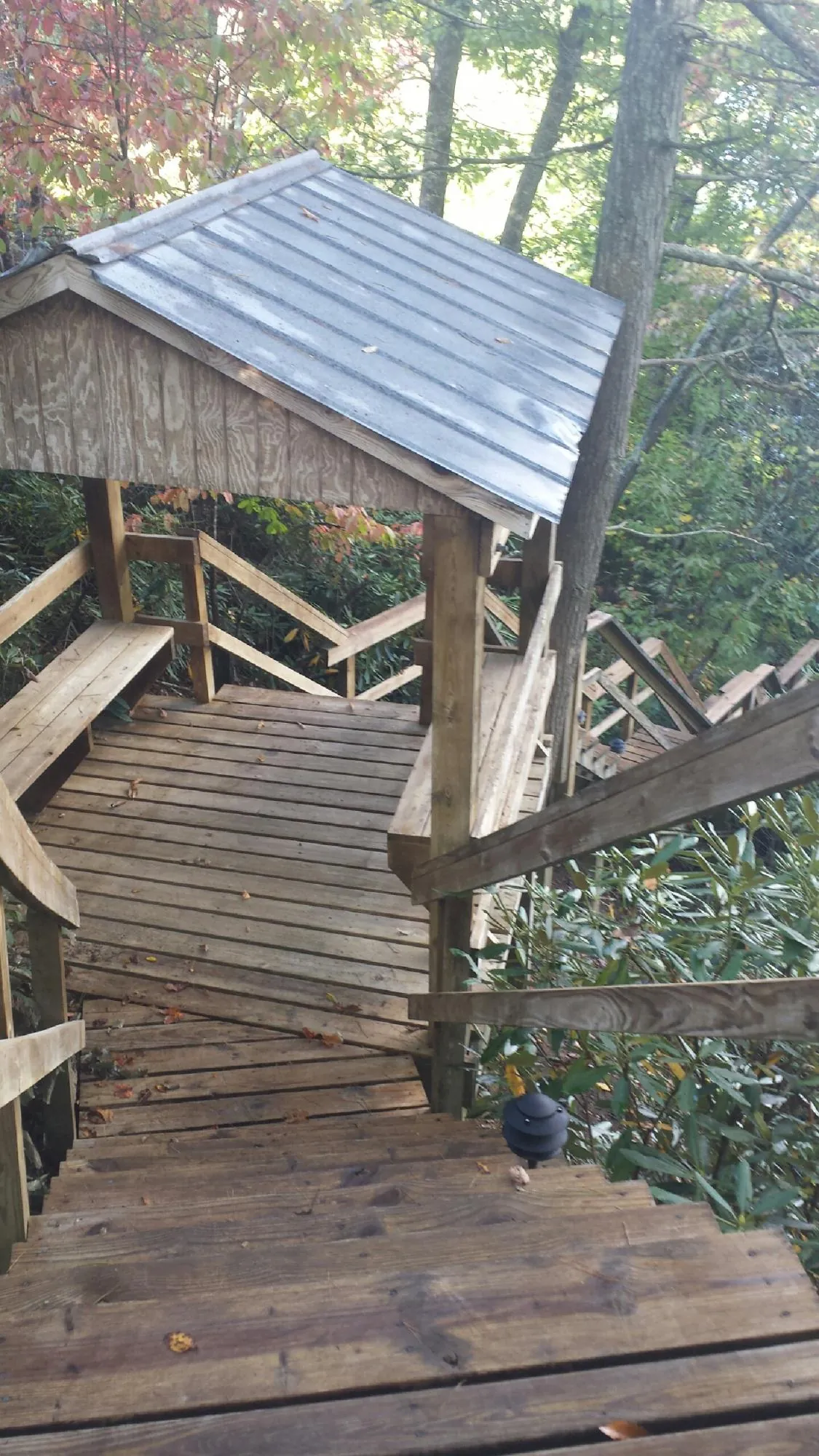 Metal roofed shelter over wooden steps on a wooded walkway — Skylight Repair & Installation work by our crew in Conroe
